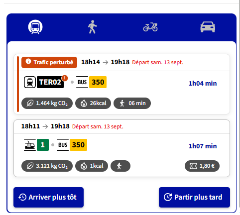 Capture d'écran trajet retour Aléop