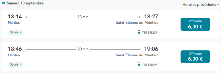 Capture d'écran trajet retour TER